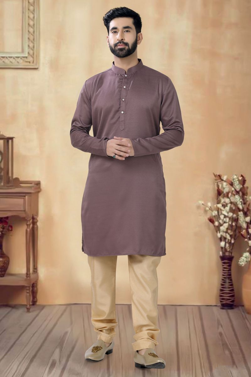 Festive Wear Readymade Kurta Pyjama For Men In Wine Cotton Fabric