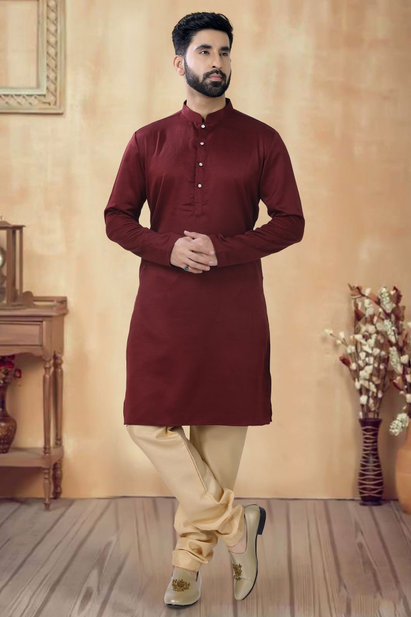 Sangeet Wear Readymade Kurta Pyjama For Men In Cotton Maroon Color