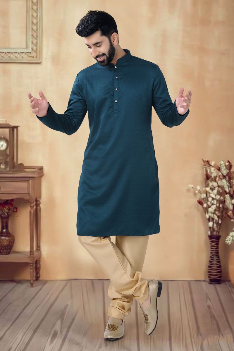 Teal Color Cotton Function Wear Fancy Readymade Kurta Pyjama For Men