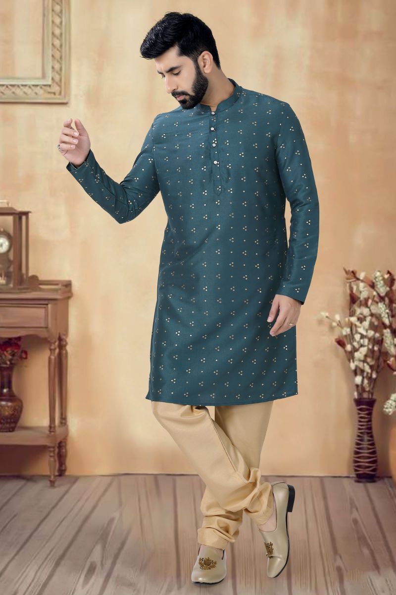 Silk Teal Color Festive Wear Trendy Readymade Men Kurta Pyjama