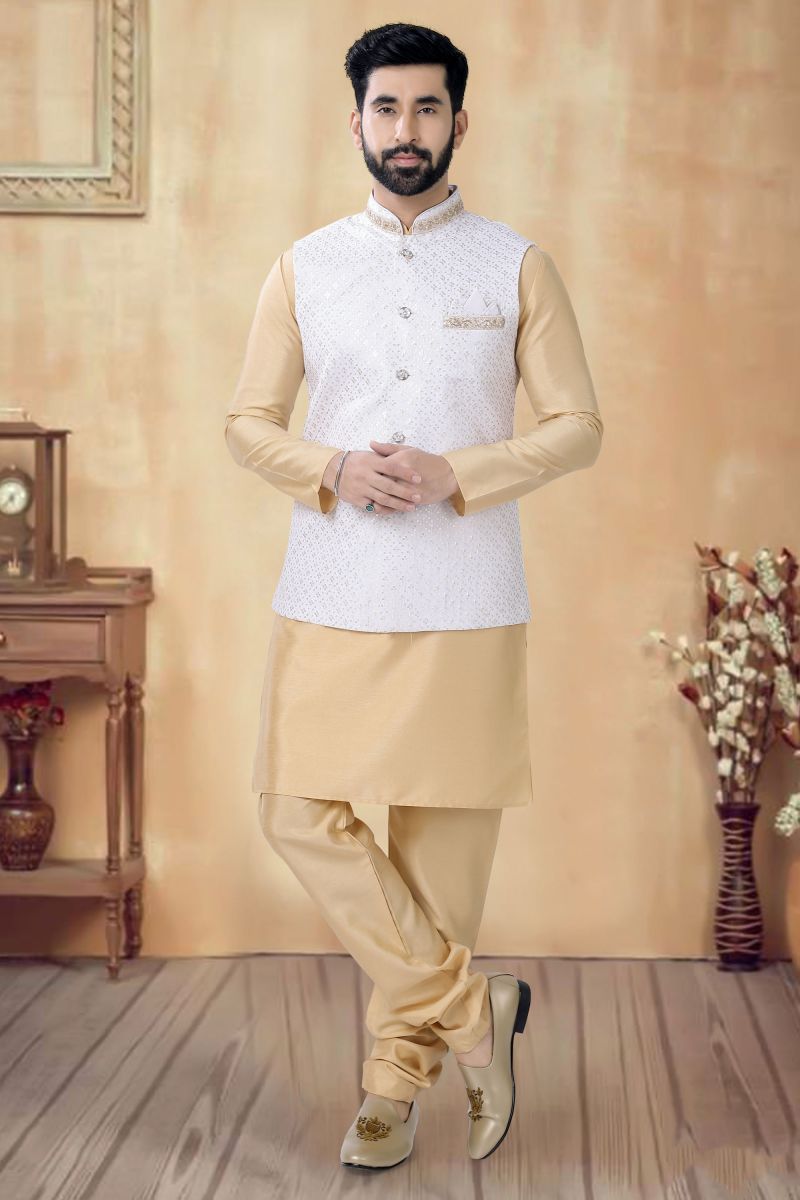 Cream Color Art Silk Function Wear Readymade Kurta Pyjama For Men With 3 Pcs Jacket Set