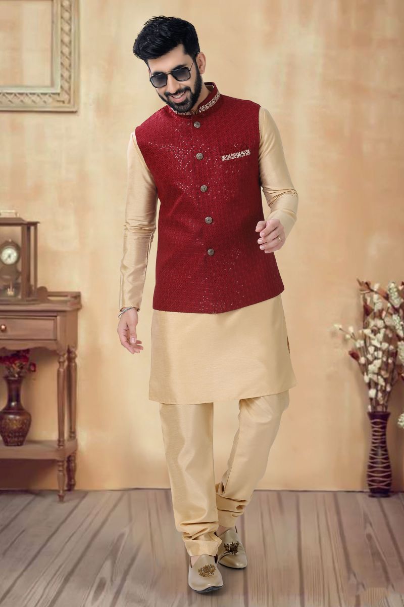 Art Silk Cream Color Festive Wear Readymade Stunning Kurta Pyjama For Men With 3 Pcs Jacket Set