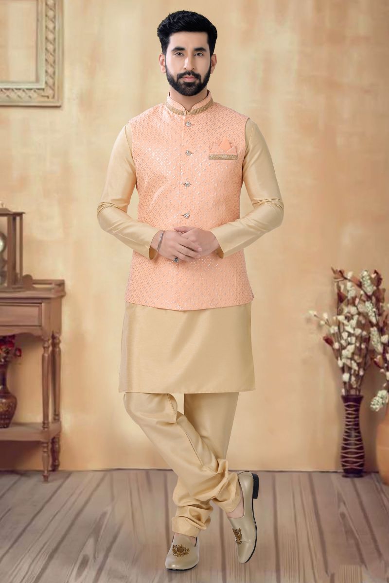 Cream Color Sangeet Wear Readymade Lovely Art Silk Kurta Pyjama For Men With 3 Pcs Jacket Set