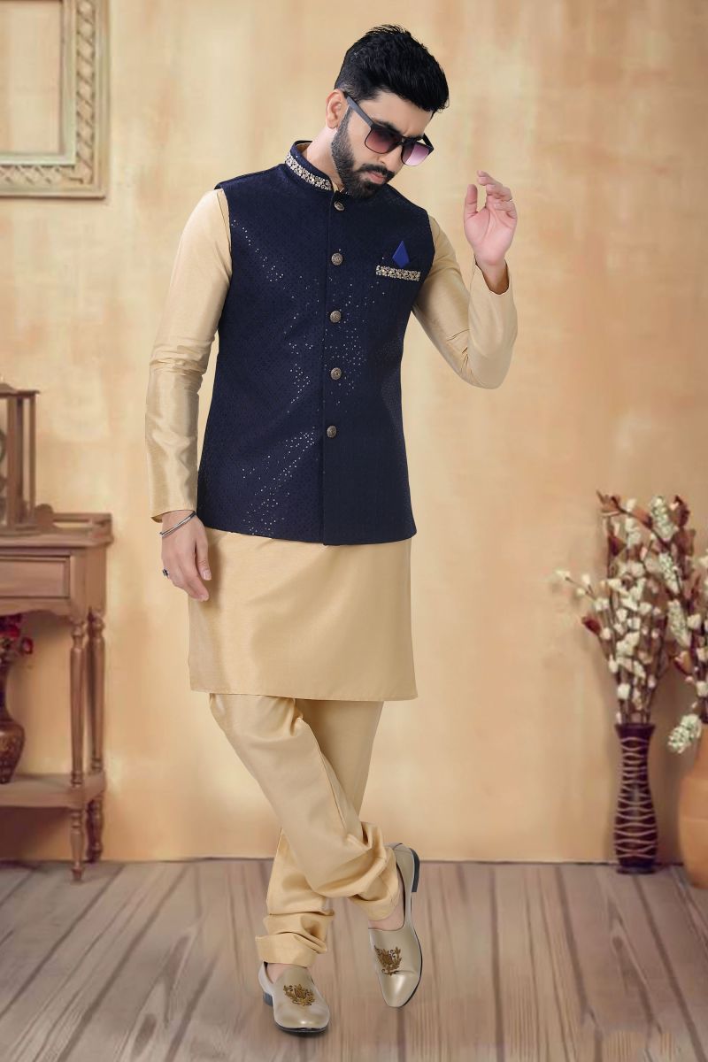 Art Silk Wedding Wear Readymade Pretty Cream Color Kurta Pyjama For Men With 3 Pcs Jacket Set