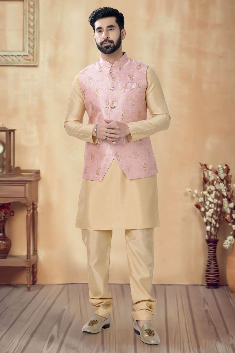 Reception Wear Readymade Cream Color Art Silk Beautiful Kurta Pyjama For Men With 3 Pcs Jacket Set