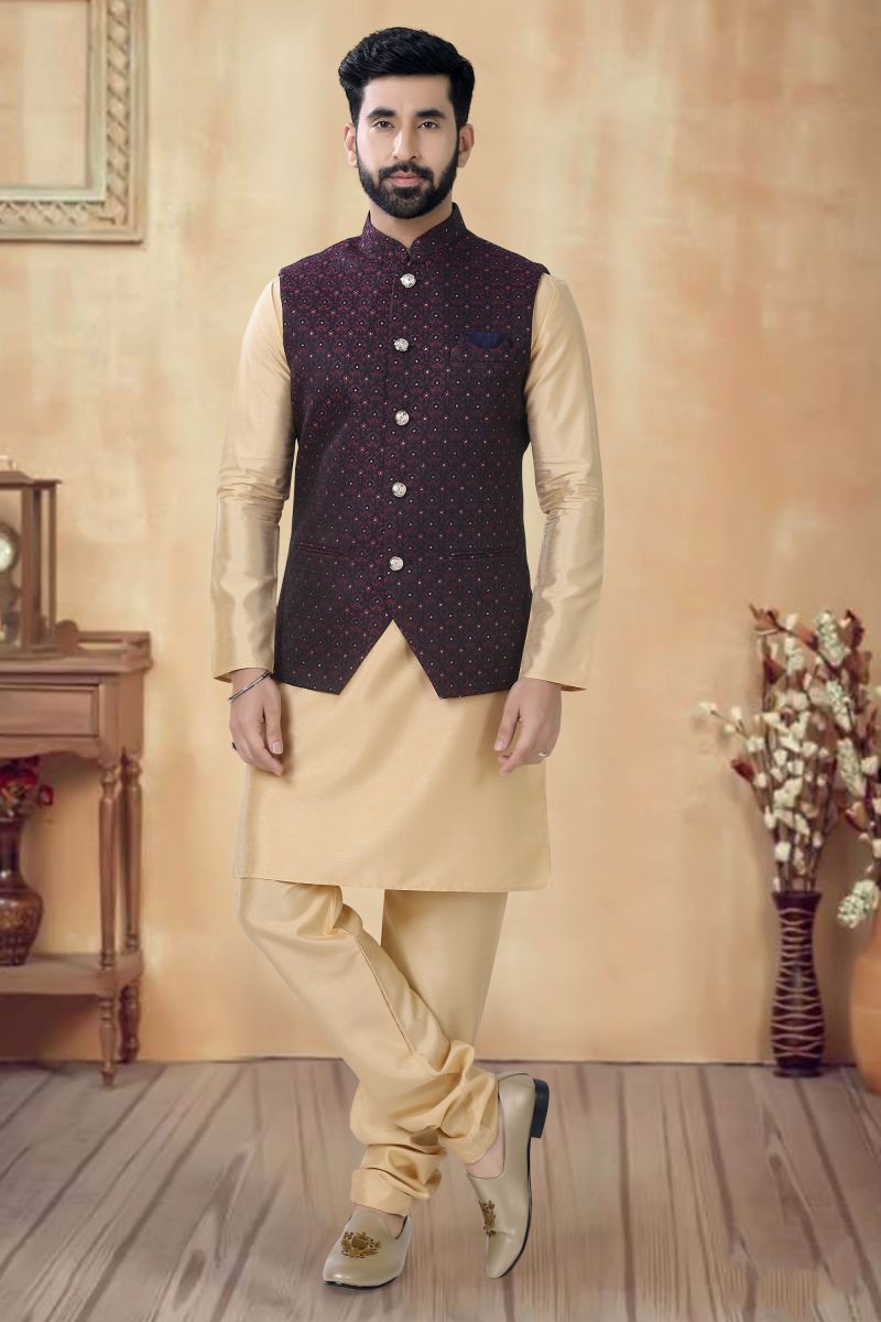 Cream Color Art Silk Men Kurta Jacket Set