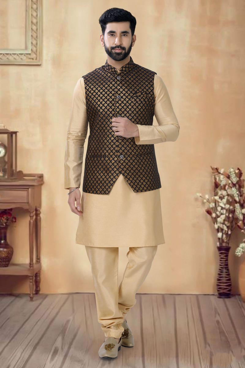 Cream Color Art Silk Function Wear Readymade Kurta Pyjama For Men With Modi Jacket Set