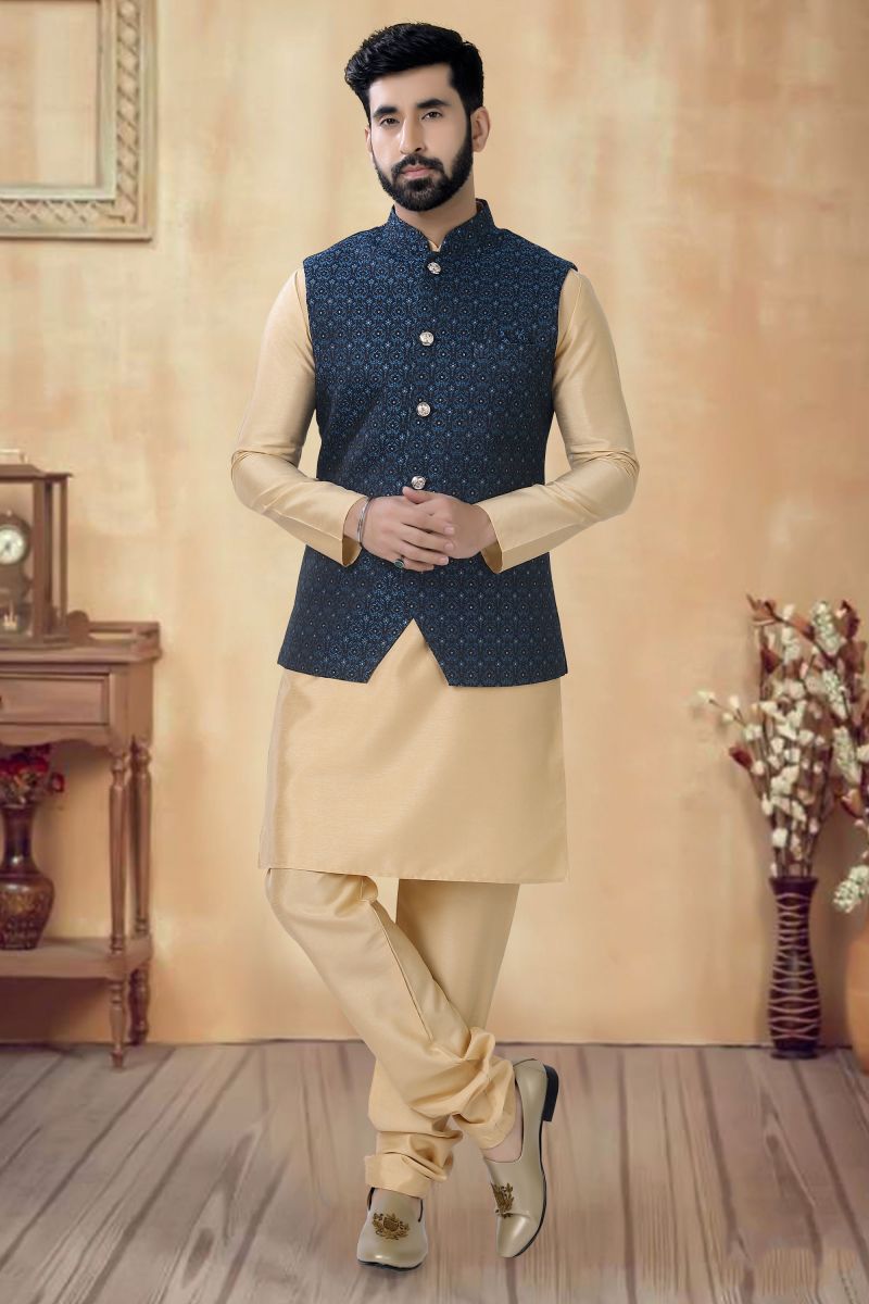 Art Silk Cream Color Festive Wear Readymade Men Stylish Kurta Pyjama With Nehru Jacket set 