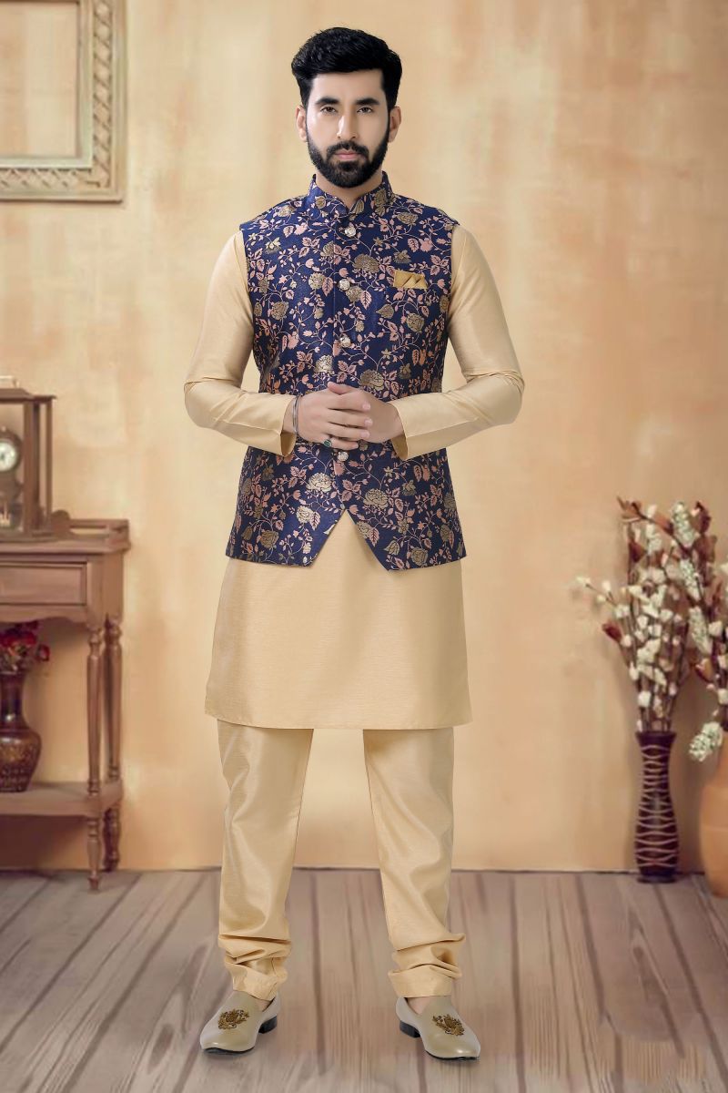 Cream Art Silk Sangeet Wear Trendy Readymade Kurta Pyjama For Men With Jacket Set