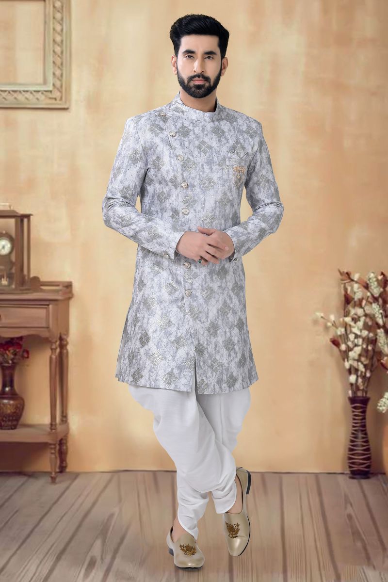 Silk Grey Color Wedding Wear Readymade Men Stylish Indo Western