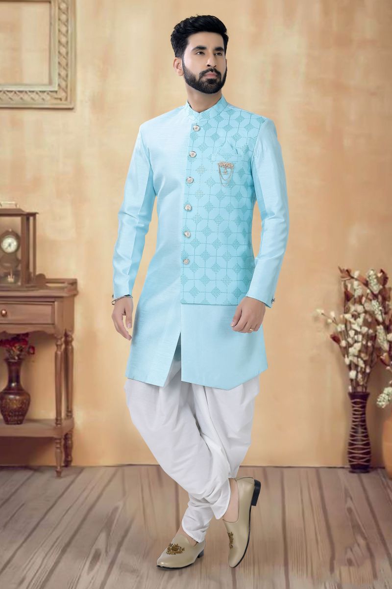 Cyan Silk Wedding Wear Trendy Readymade Indo Western For Men