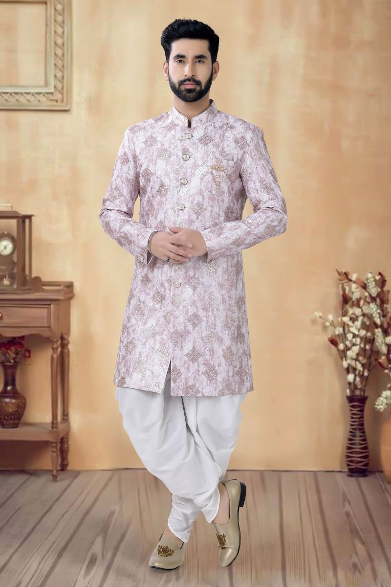 Silk Wine Color Wedding Wear Readymade Designer Men Indo Western