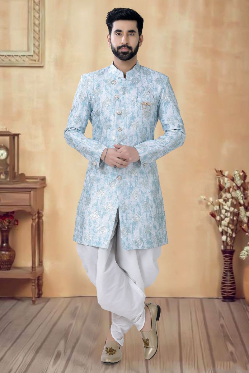 Silk Stunning Sky Blue Color Wedding Wear Readymade Men Indo Western