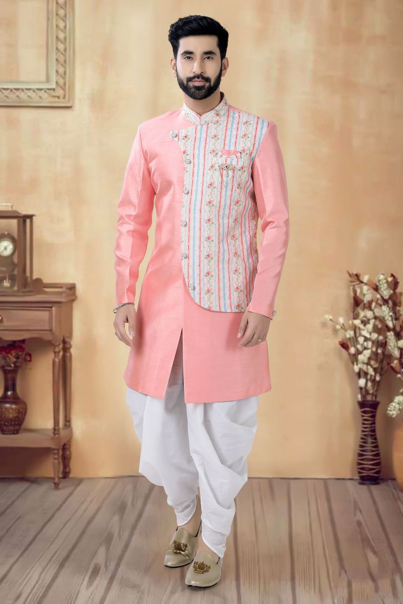 Silk Pink Wedding Wear Readymade Lovely Indo Western For Men