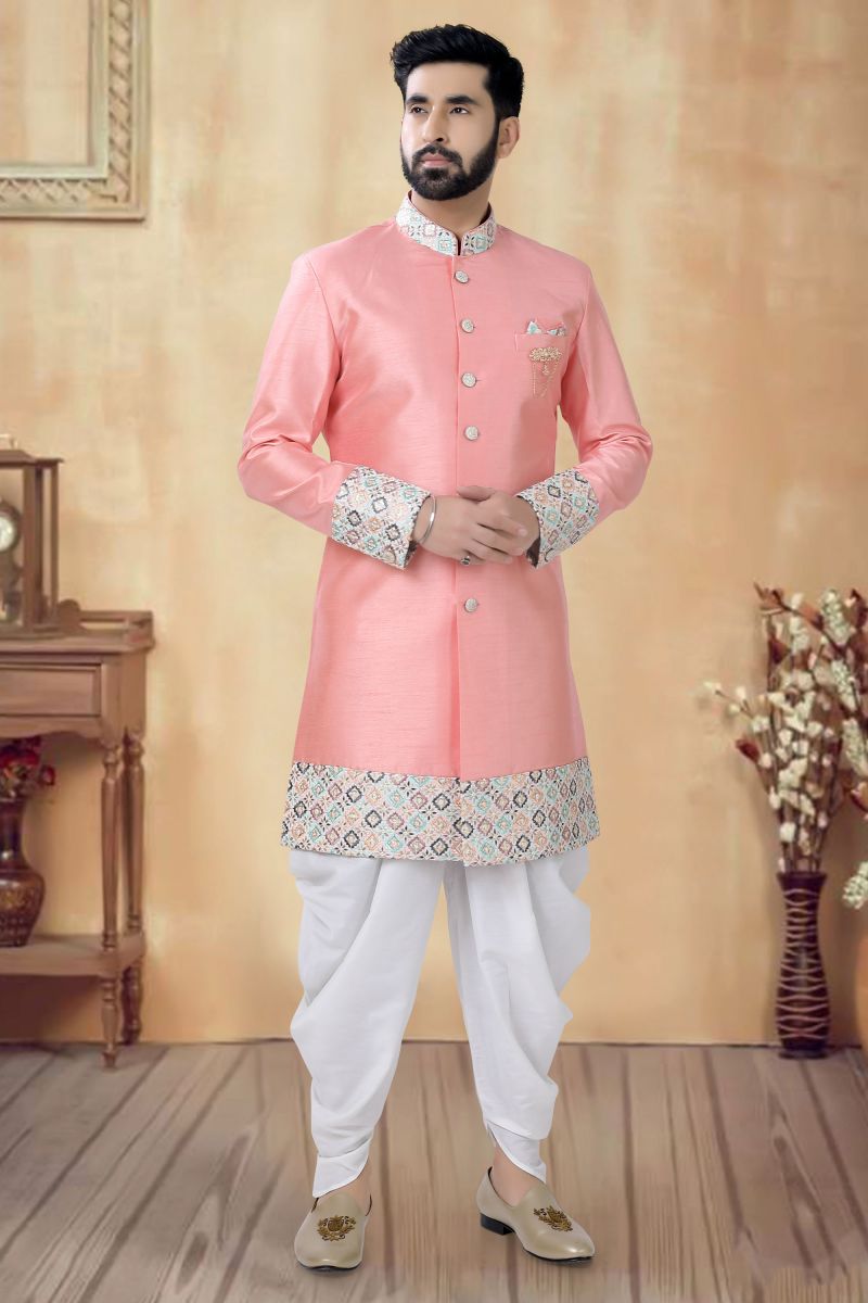 Silk Wedding Wear Readymade Men Indo Western In Pink Color