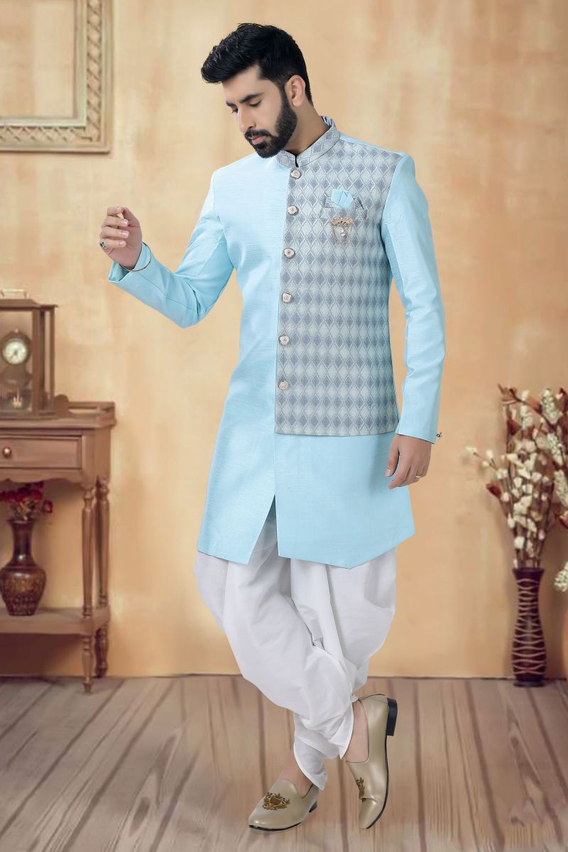 Cyan Color Wedding Wear Readymade Indo Western For Men In Silk Fabric