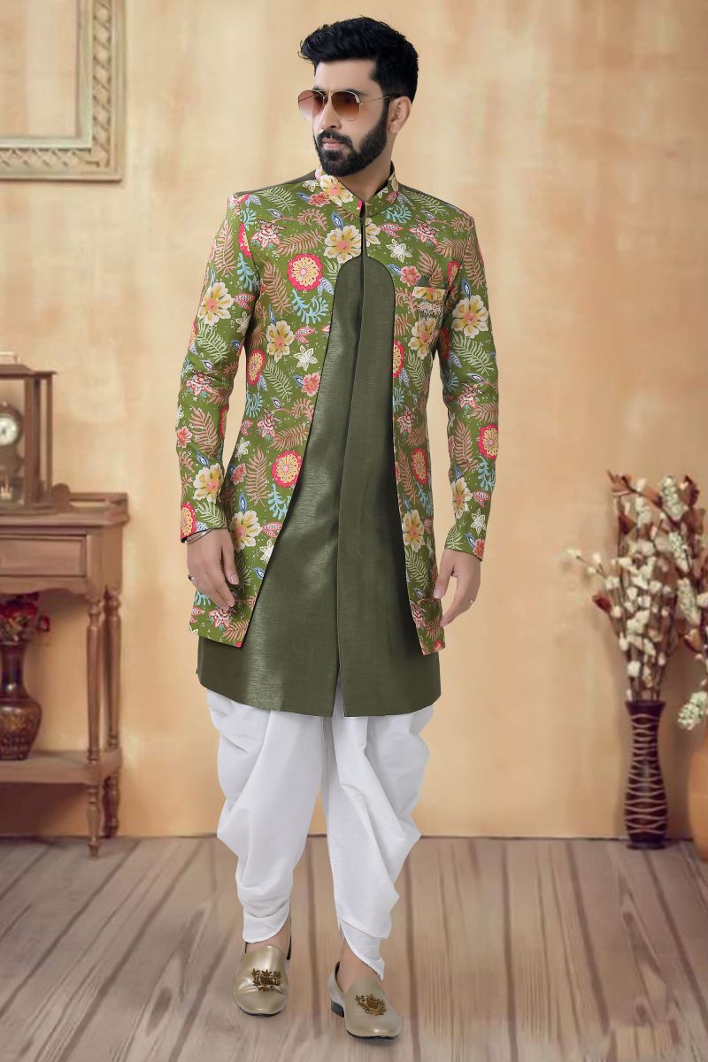 Silk Wedding Wear Attractive Readymade Men Indo Western In Green Color