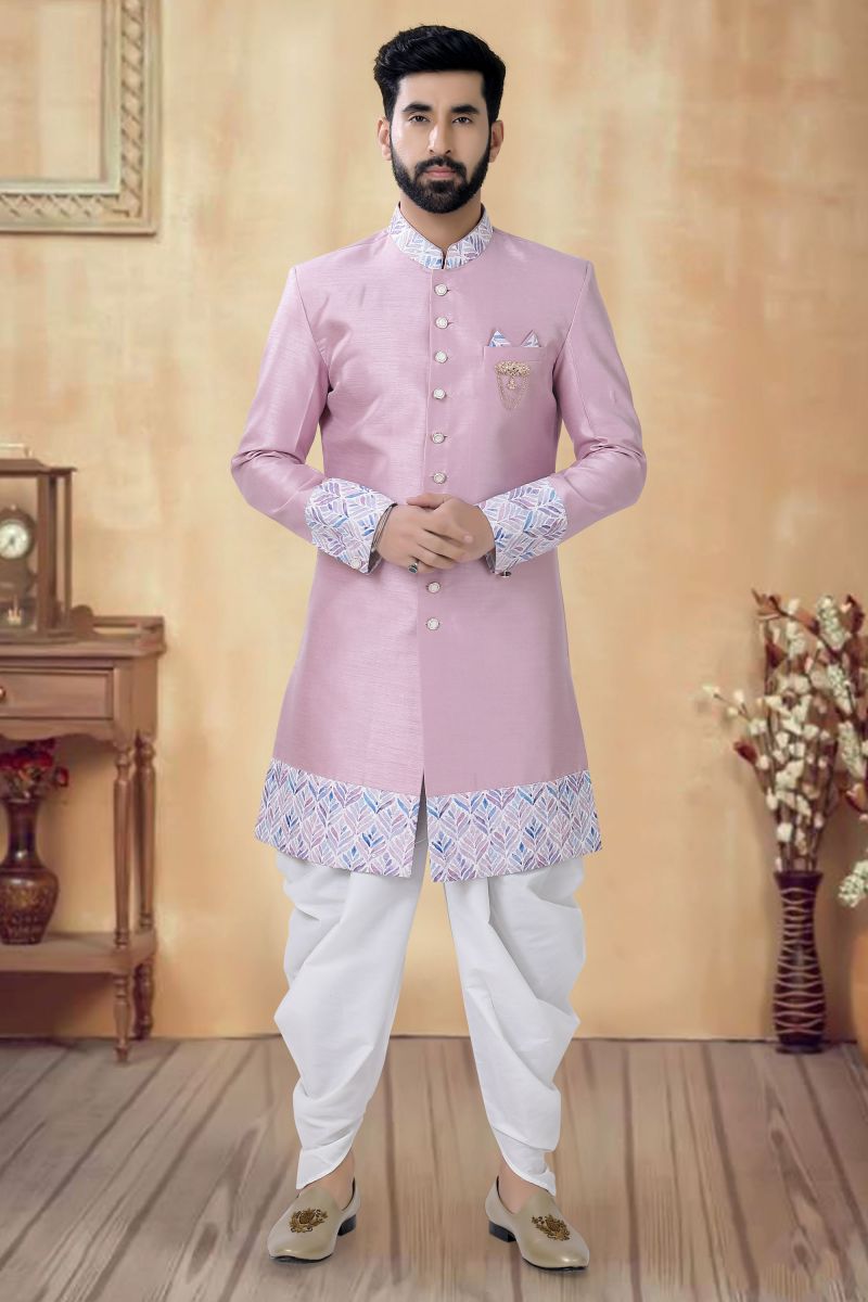 Lavender Wedding Wear Readymade Glamorous Indo Western For Men In Silk Fabric