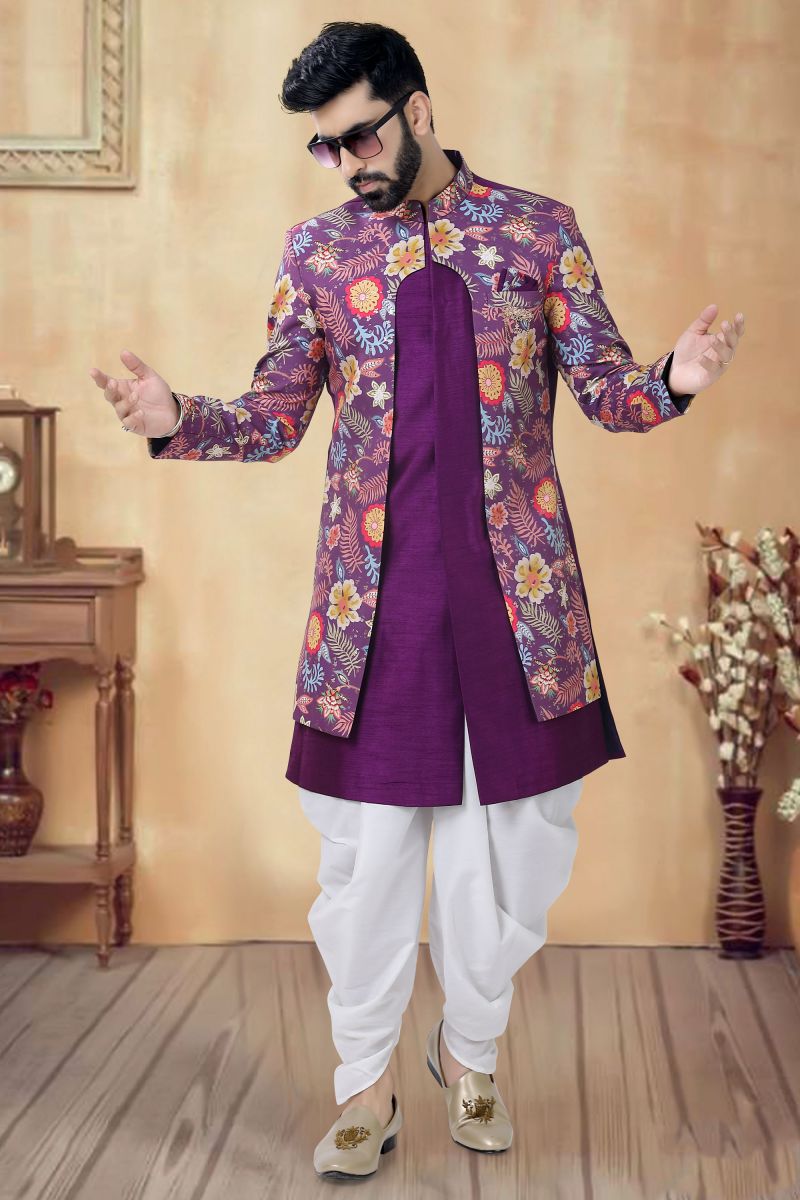 Purple Silk Graceful Readymade Men Indo Western For Wedding Function