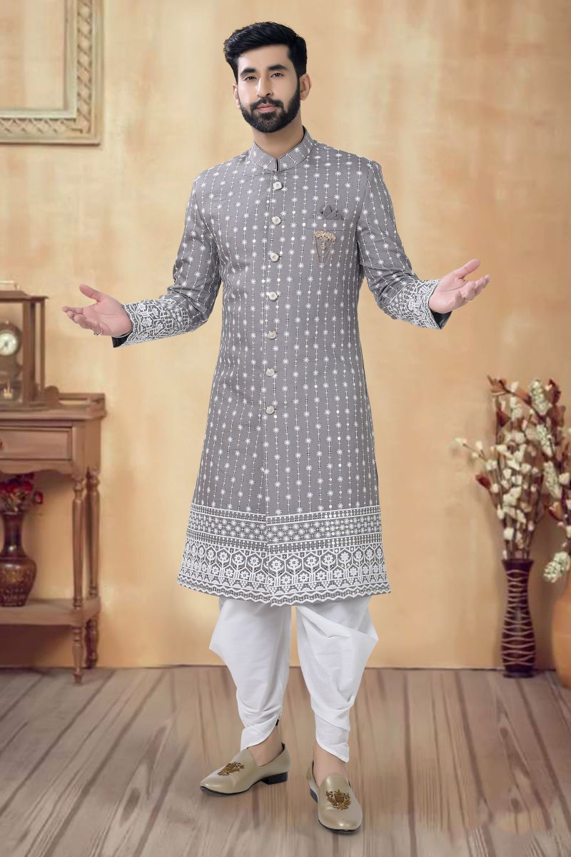 Grey Silk Magnificent Readymade Men Indo Western For Wedding Function