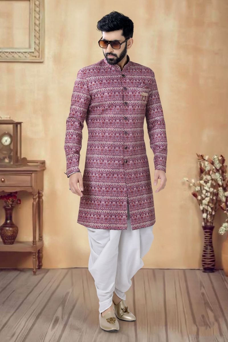 Cotton Purple Magnificent Readymade Men Indo Western For Wedding Function