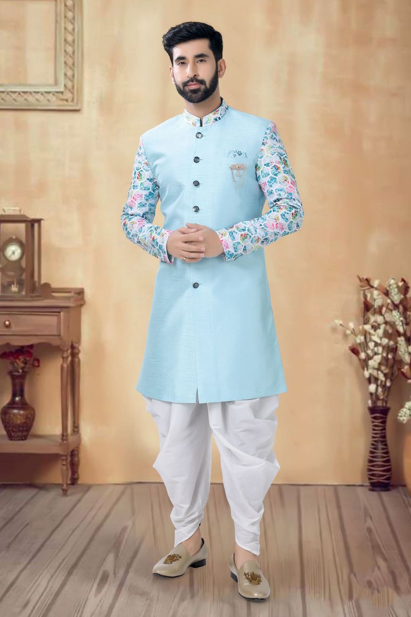 Cyan Color Silk Wedding Wear Designer Readymade Indo Western For Men