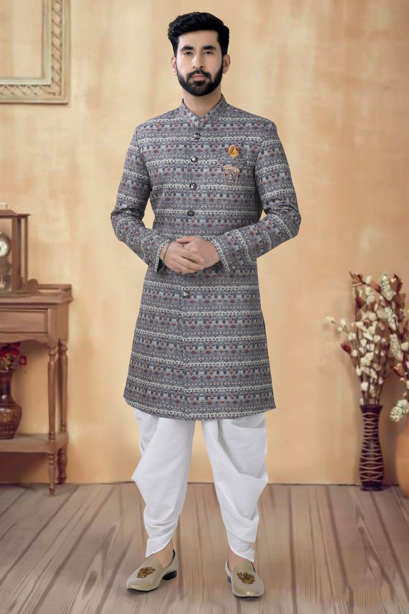 Cotton Grey Color Wedding Wear Designer Readymade Indo Western For Men