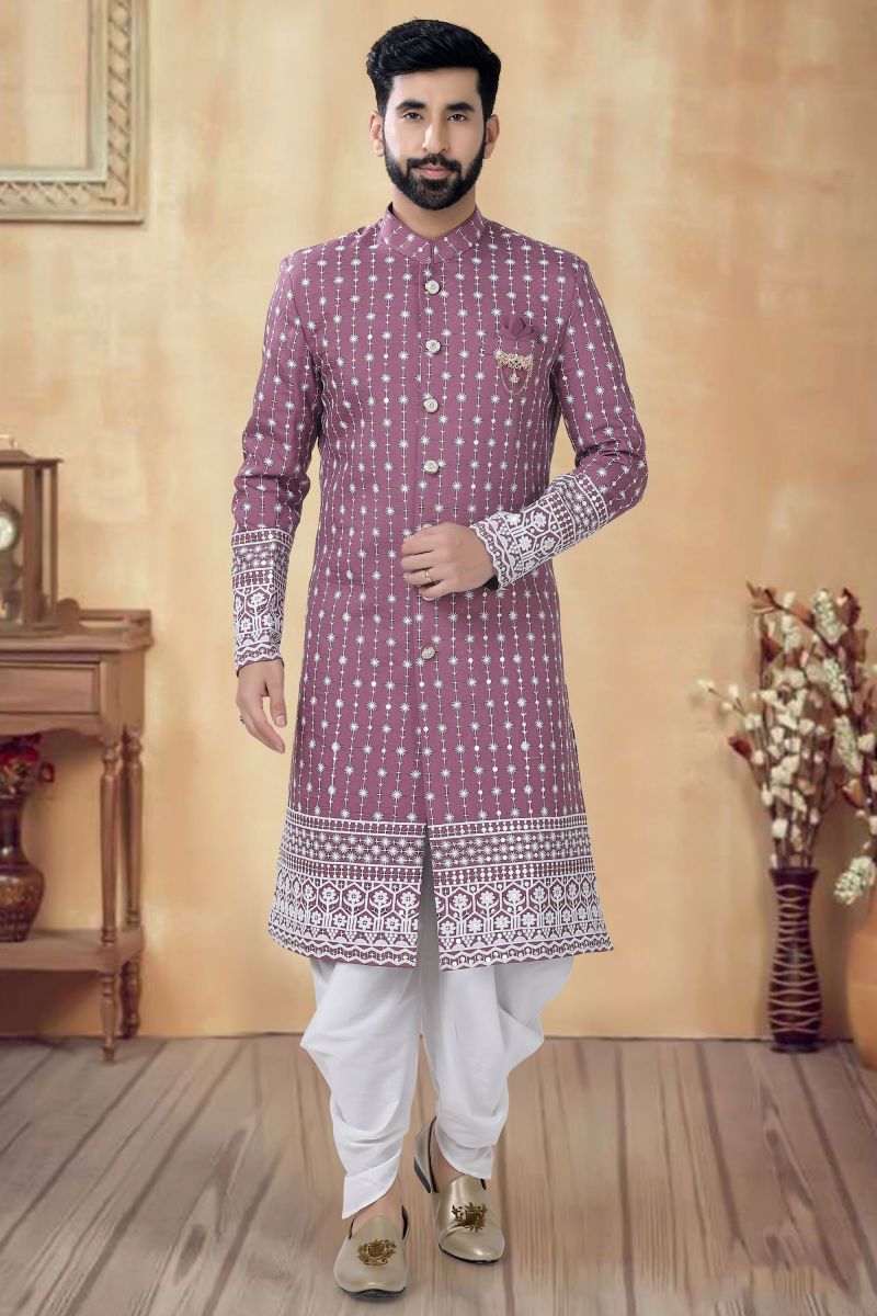 Purple Color Wedding Wear Cotton Designer Readymade Indo Western For Men