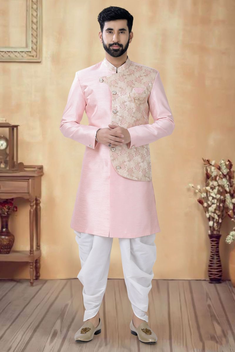 Pink Color Wedding Wear Silk Designer Readymade Indo Western For Men