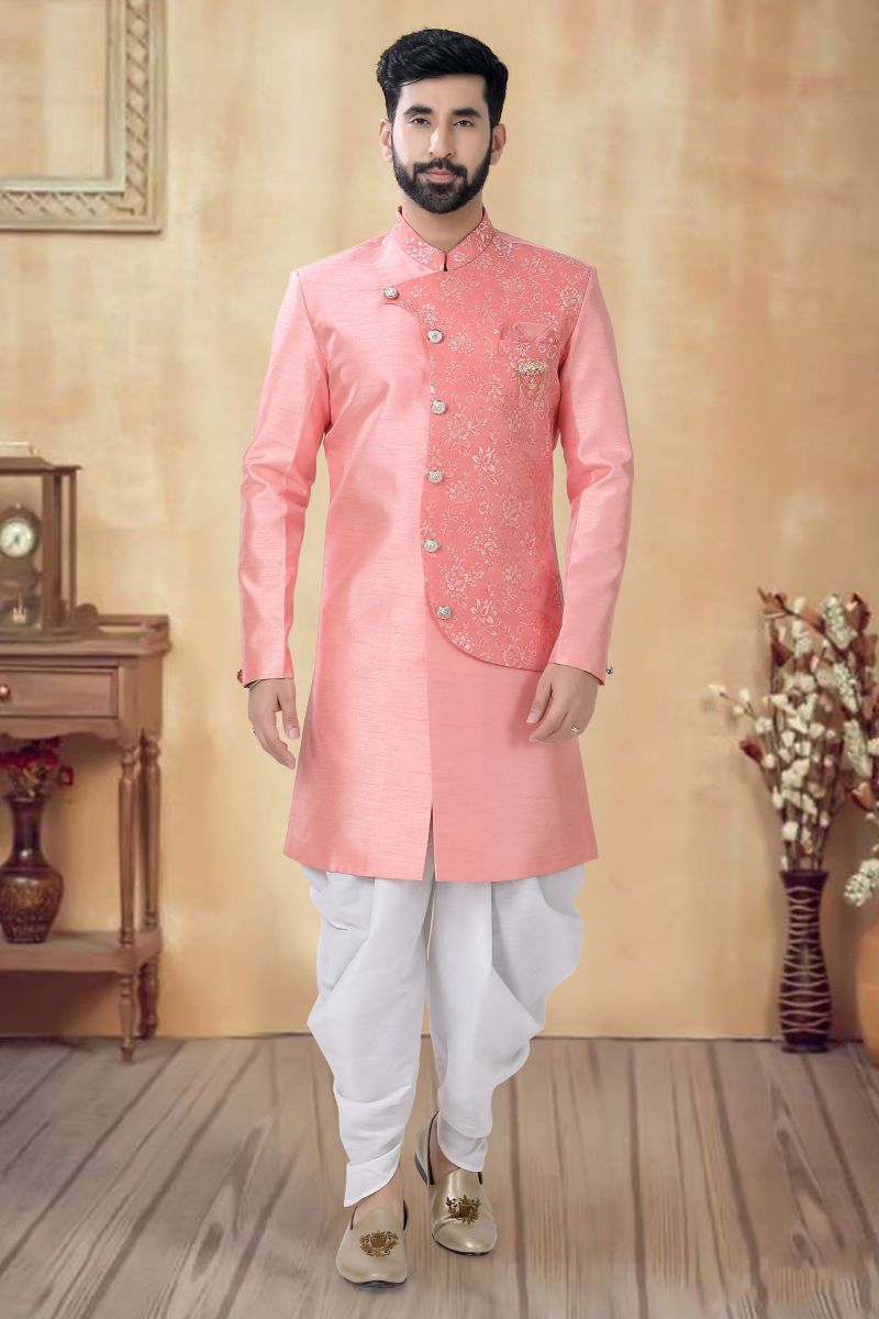 Wedding Wear Silk Designer Readymade Indo Western For Men In Peach Color