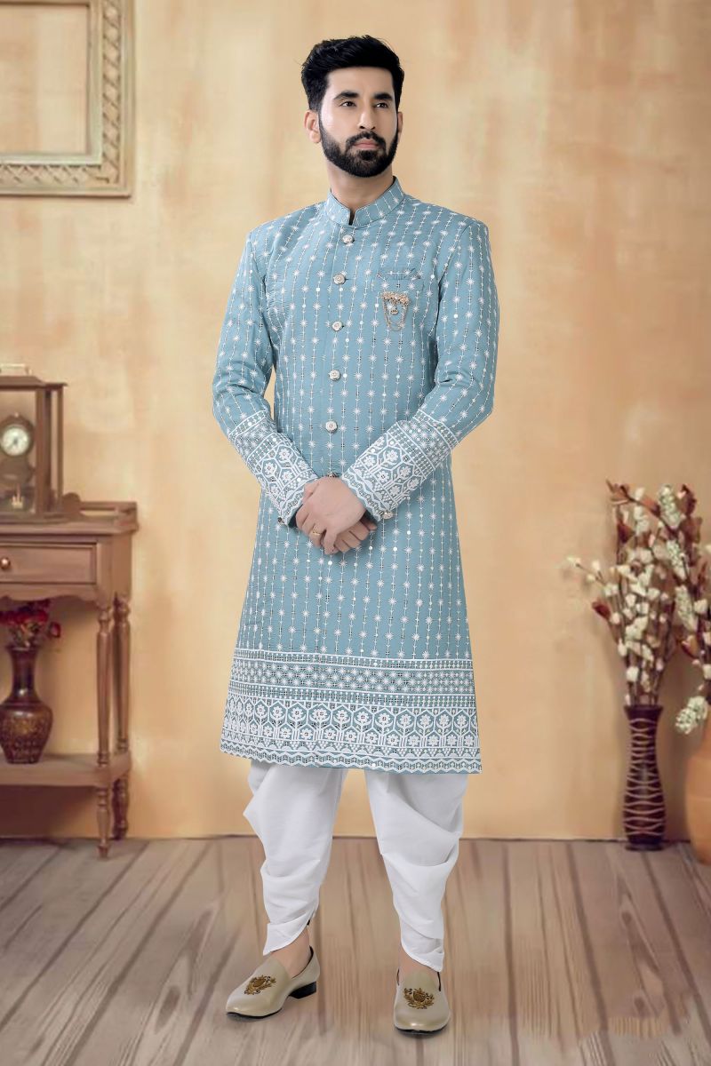 Silk Designer Wedding Wear Readymade Indo Western For Men In Sky Blue Color