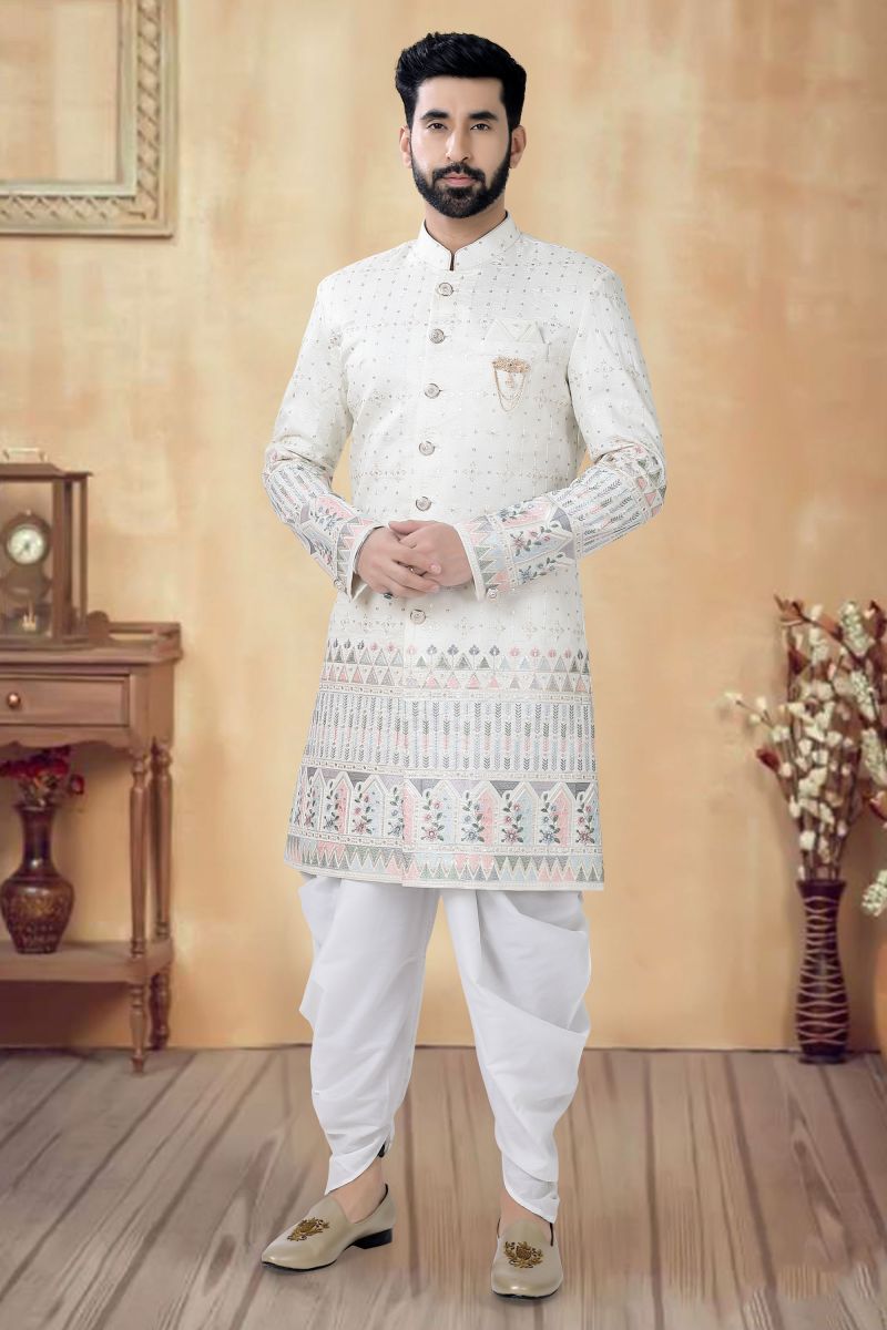 Silk Off White Color Wedding Wear Readymade Designer Men Indo Western