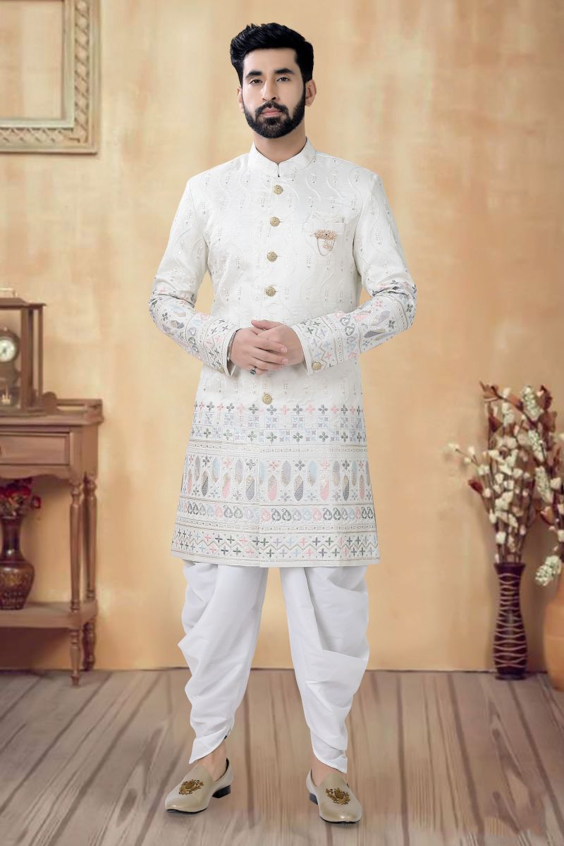 Off White Gorgeous Silk Wedding Wear Readymade Indo Western For Men