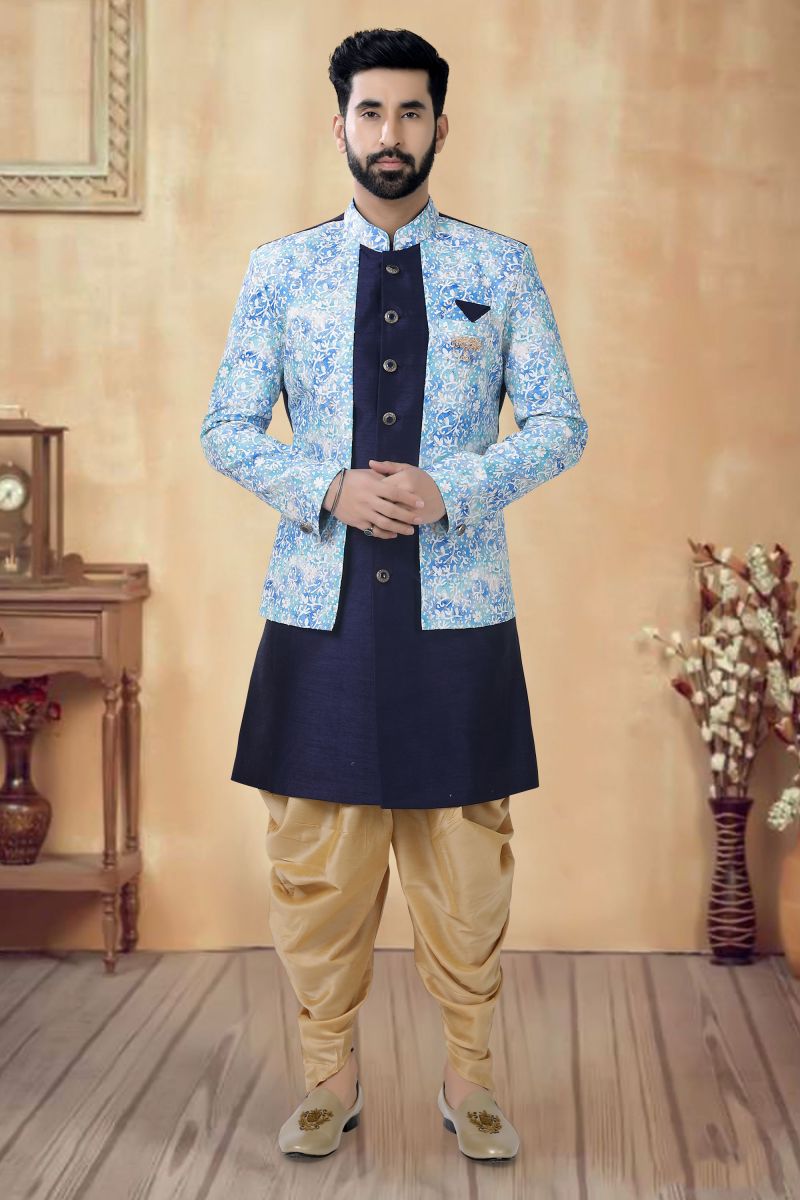 Silk Stunning Navy Blue Color Wedding Wear Readymade Men Indo Western