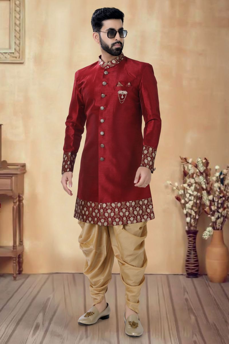 Maroon Silk Festive Wear Readymade Lovely Indo Western For Men