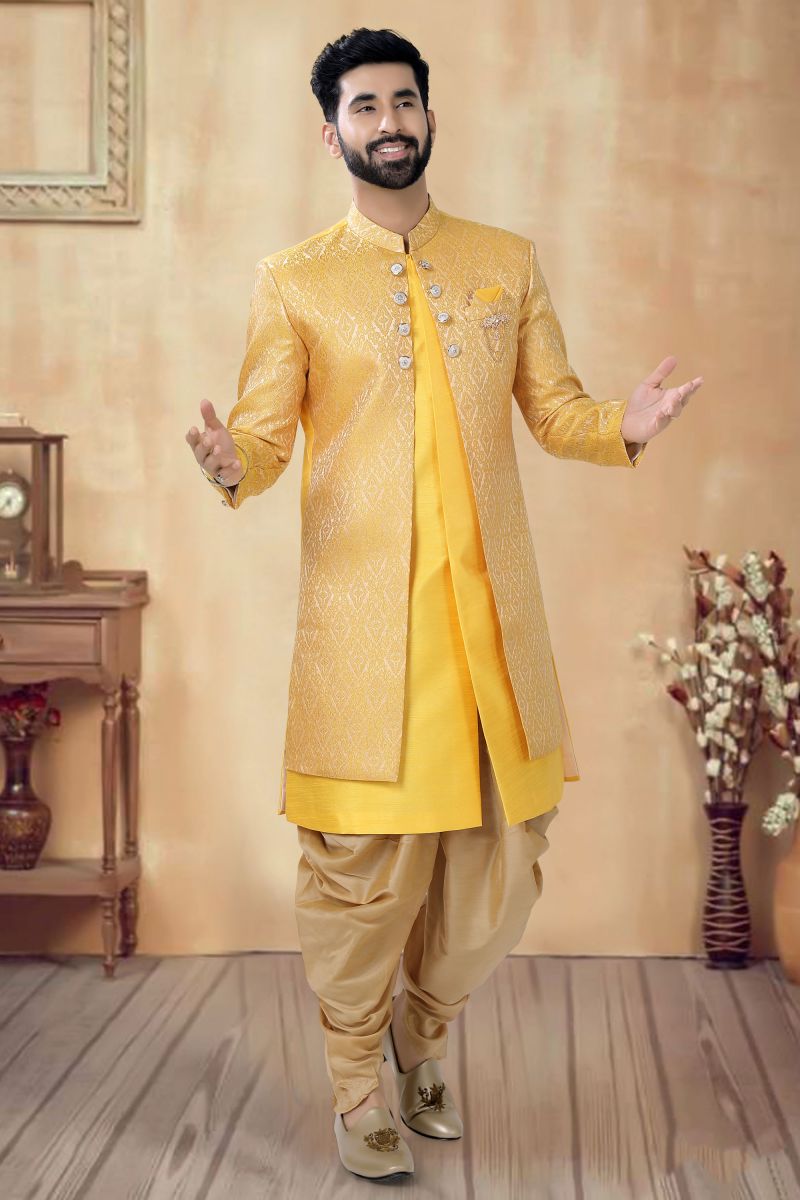 Yellow Color Silk Wedding Wear Readymade Indo Western For Men