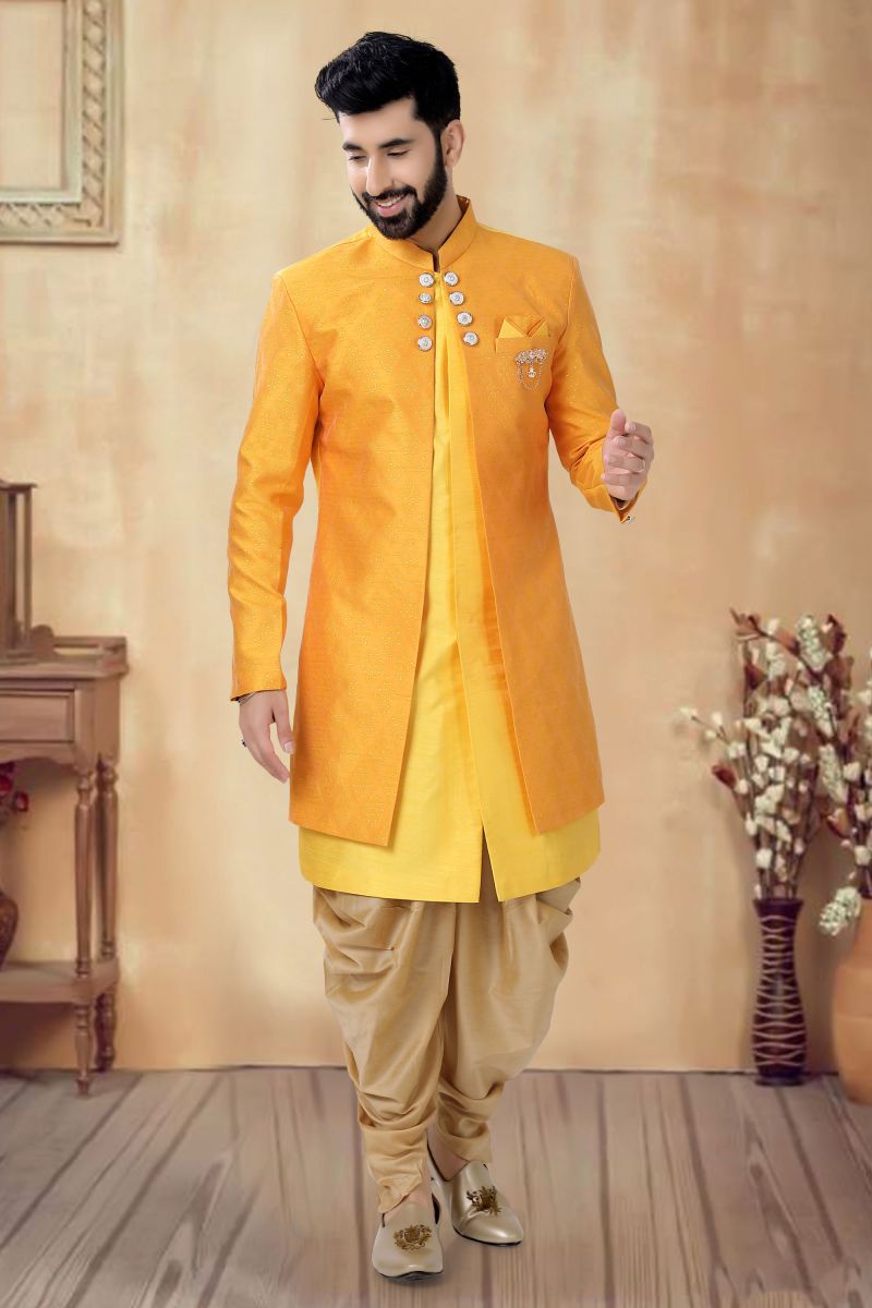 Silk Yellow Color Festive Wear Readymade Stunning Indo Western For Men