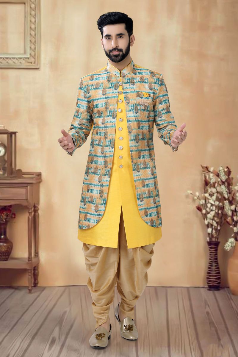 Yellow Color Wedding Wear Readymade Lovely Silk Indo Western For Men