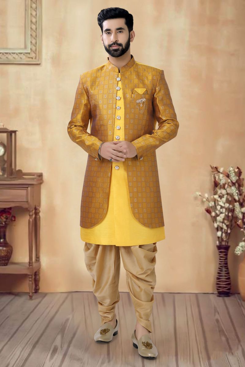 Silk Wedding Wear Readymade Pretty Yellow Color Indo Western For Men