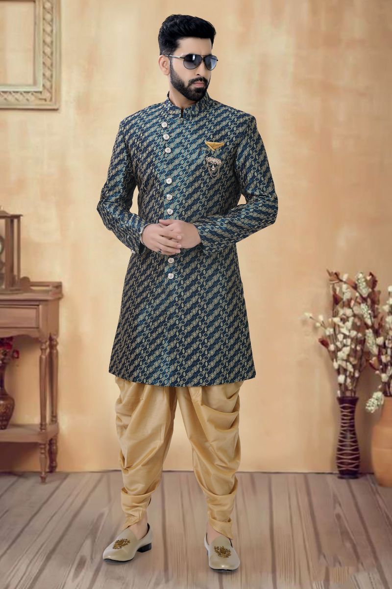 Wedding Wear Readymade Navy Blue Color Jacquard Beautiful Indo Western For Men