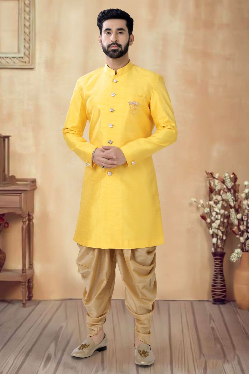 Yellow Color Silk Readymade Men Indo Western