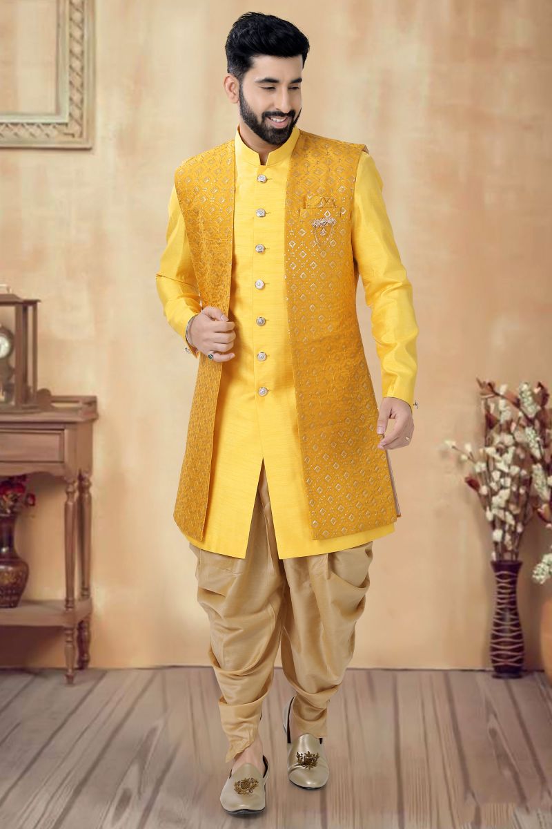 Silk Yellow Color Readymade Ethnic Men Indo Western