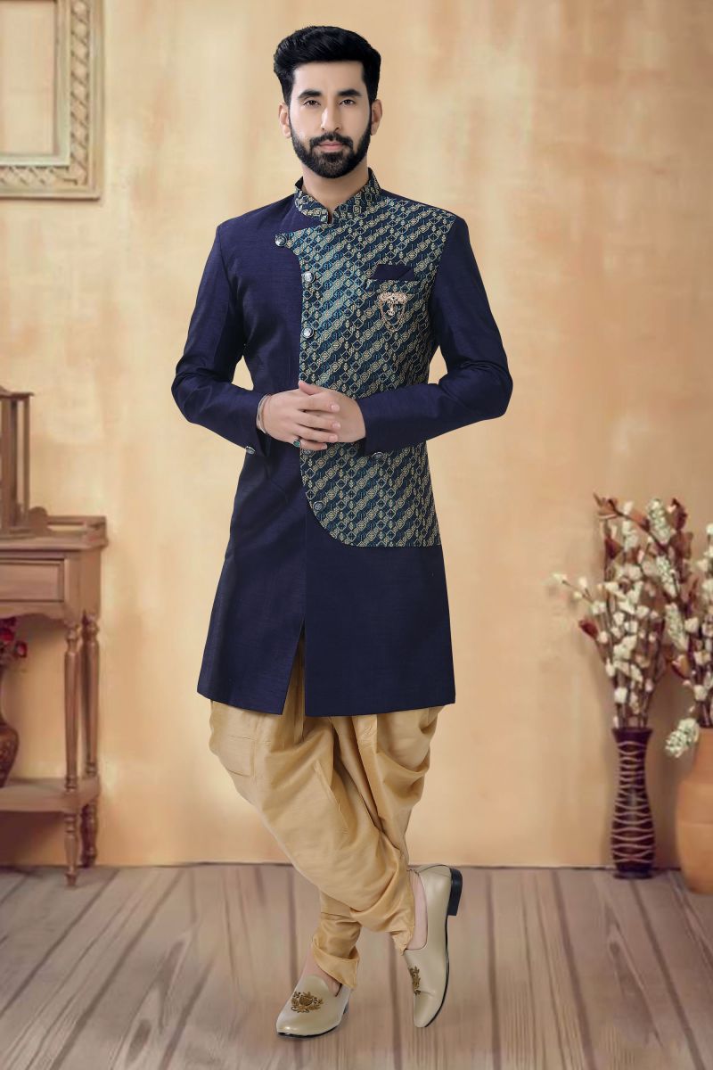 Navy Blue Color Silk Designer Readymade Indo Western