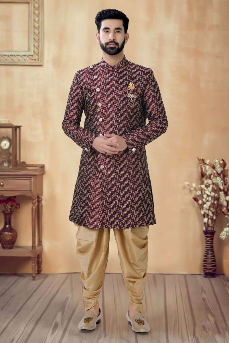 Maroon Jacquard Wedding Wear Trendy Readymade Indo Western For Men