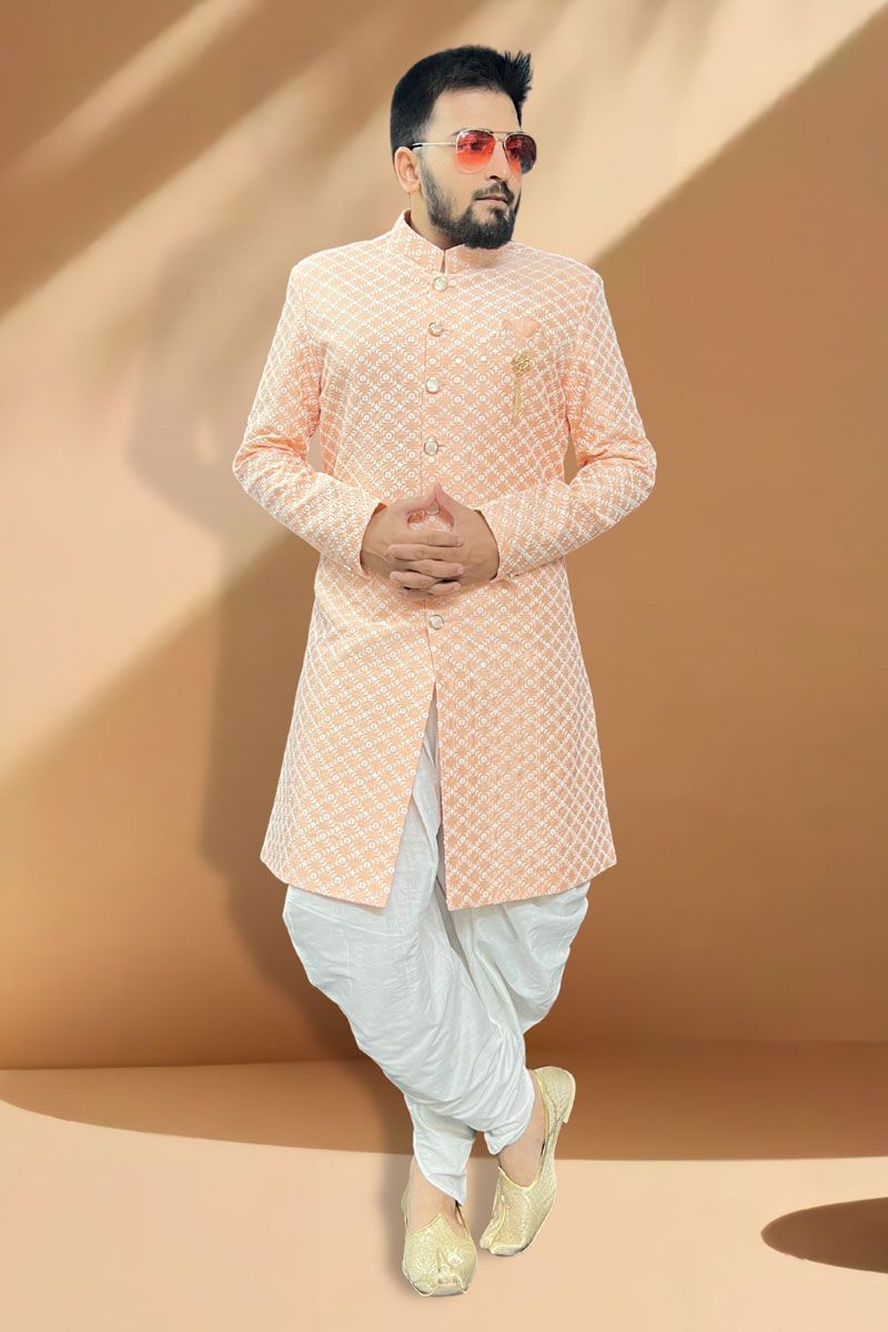 Appealing Peach Silk Readymade Peshawari Style Indo Western Set