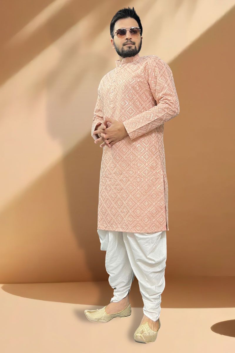 Fetching Silk Readymade Peshawari Style Kurta Pyjama Set In Peach Color