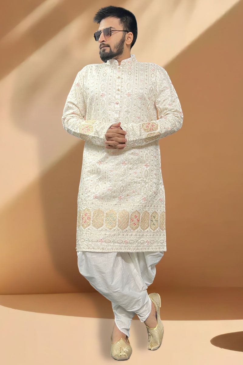 Stunning Cream Readymade Peshawari Style Kurta Pyjama Set In Silk Fabric