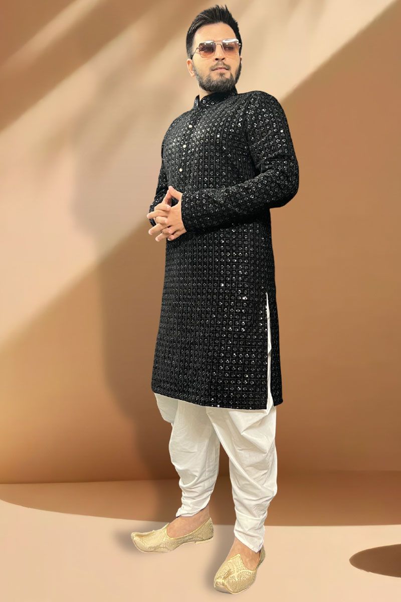 Striking Black Velvet Peshawari Style Readymade Kurta Pyjama Set