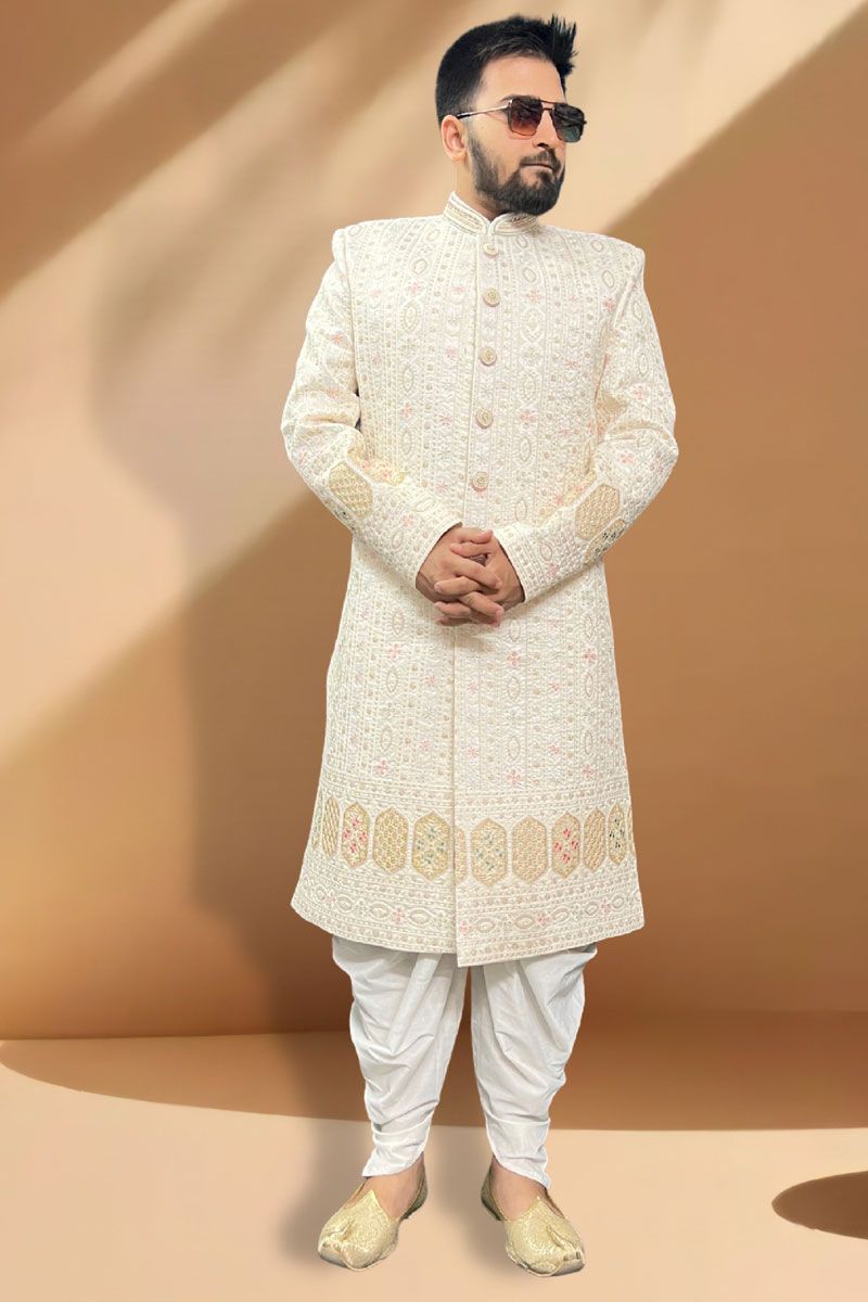 Vivacious Silk Readymade Peshawari Style Sherwani In Cream Color