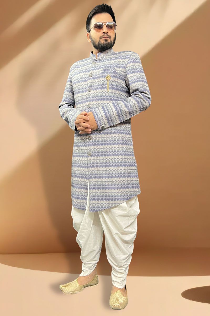 Attractive Blue And Grey Readymade Peshawari Style Indo Western Set In Silk Fabric